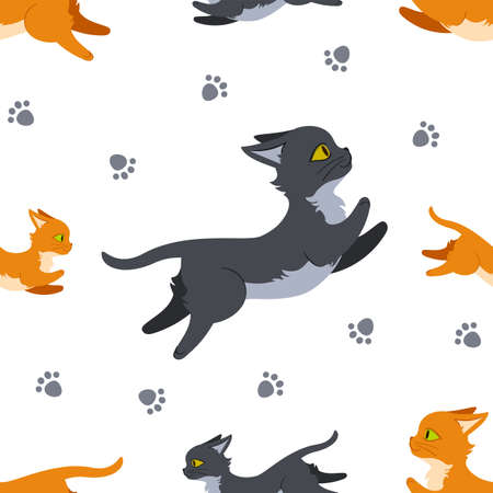 Seamless pattern design with leaping cats and paw prints. Can be used as a background, on packaging paper or textile. Flat style illustration. Editable vector graphics in EPS 8.のイラスト素材