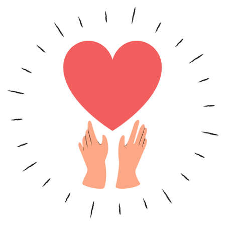 A pair of hands upholding a heart in a gesture of love and support. Flat style illustration, isolated on white background.のイラスト素材