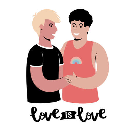 A portrait of a happy same sex gay  couple embracing each other. Illustration Isolated on white backgrooundのイラスト素材