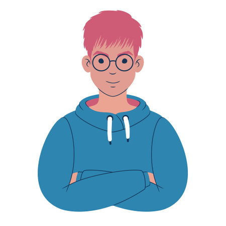 Young man portrait. Avatar of a caucasian teenager in hoodie wearing glasses. Flat style illustration.のイラスト素材