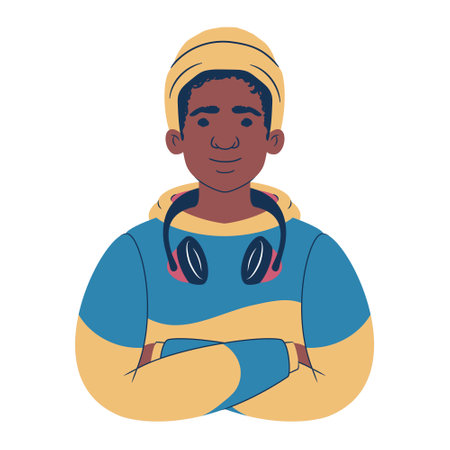 Young man portrait. Avatar of an african teenager in hoodie wearing a beanie and headphones. Flat style illustration.のイラスト素材