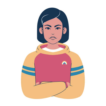 Portrait of a young caucasian woman in a colorful hoodie. Cartoon teenager avatar. Flat style...
