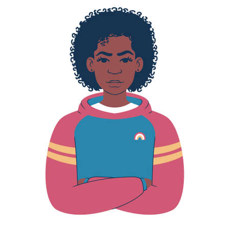 Portrait of a young african woman in a colorful hoodie. Cartoon teenager avatar. Flat style...