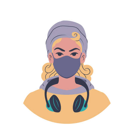 Portrait of a young caucasian woman in a colorful hoodie wearing a beanie, headphones and a face mask. Cartoon teenager avatar. Flat style illustration.のイラスト素材