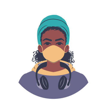 Portrait of a young african woman in a colorful hoodie wearing a beanie, headphones and a face mask. Cartoon teenager avatar. Flat style illustration.のイラスト素材