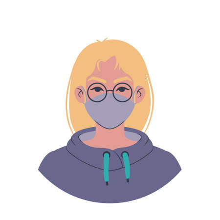 Portrait of a young caucasian woman in a colorful hoodie wearing glasses and a face mask. Cartoon teenager avatar. Flat style illustration.のイラスト素材