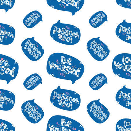 Seamless pattern made of positive self care quotes in speech bubbles. Respect, love, treat and be yourself.のイラスト素材