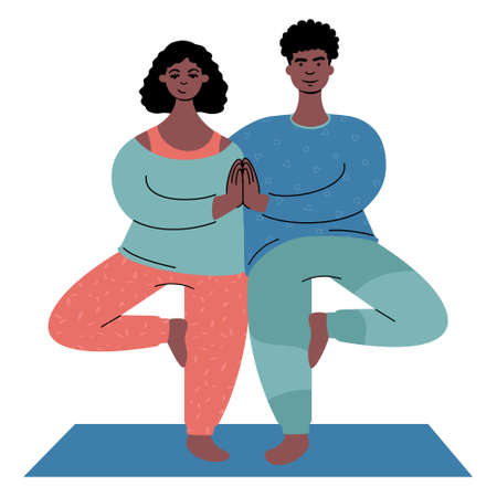 couple practicing yoga together. A man and a woman standing in a tree pose.のイラスト素材
