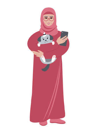 Senior woman wearing headscarf with pet dog and mobile phone.のイラスト素材
