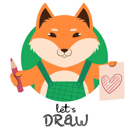 Vector illustration of a cute cartoon fox with pencil, sketch of a heart and sloganのイラスト素材