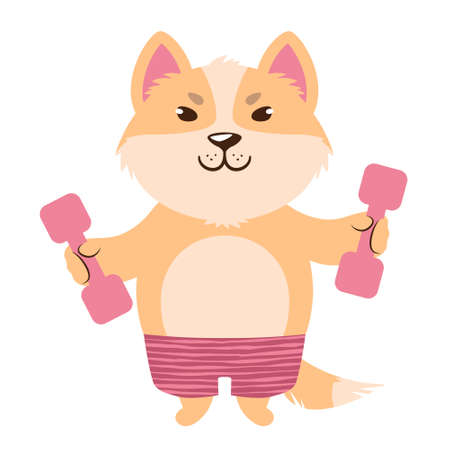 Vector illustration of a cute cartoon dog in stripy shorts with dumbbellsのイラスト素材