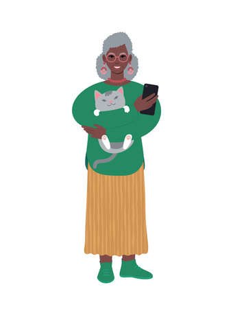 Modern senior african woman with cat and smartphoneのイラスト素材