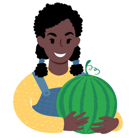 african girl with a big watermelon. Flat style Illustrationのイラスト素材