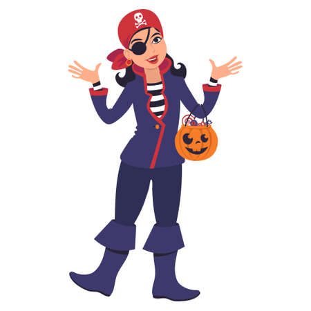 A smiling caucasian woman in a pirate costume holding a carved halloween pumpkin bucket full of candy. Trick or treat tradition. Flat style vector illustration.のイラスト素材