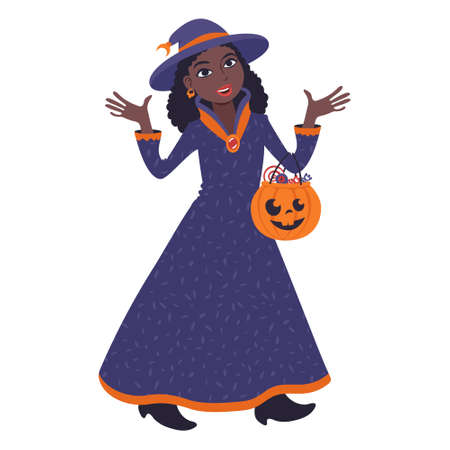 A smiling african woman in a witch costume holding a carved halloween pumpkin bucket full of candy. Trick or treat tradition. Flat style vector illustration.のイラスト素材