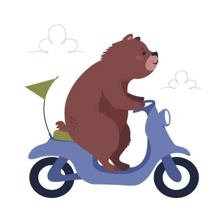 A cute cartoon bear riding a motor scooter. Flat style illustration isolated on white background.のイラスト素材