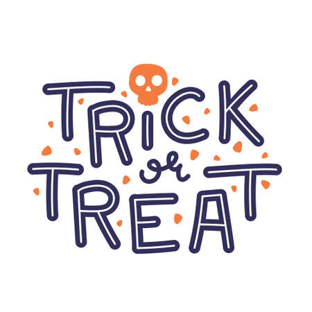 Trick or treat. Halloween handwritten quote with scull. Decorative poster with text inscription. Flat vector illustrationのイラスト素材