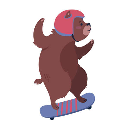 A cute cartoon bear wearing a helmet is riding a skateboard. Flat style illustration isolated on white background.のイラスト素材