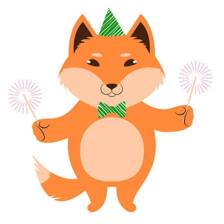 Red fox dressed in a party hat and bow tie holding out sparklers. Cute cartoon character. Flat style vector illustration. Suitable for icon, logo, label, sticker, clipart, t-shirt print.のイラスト素材
