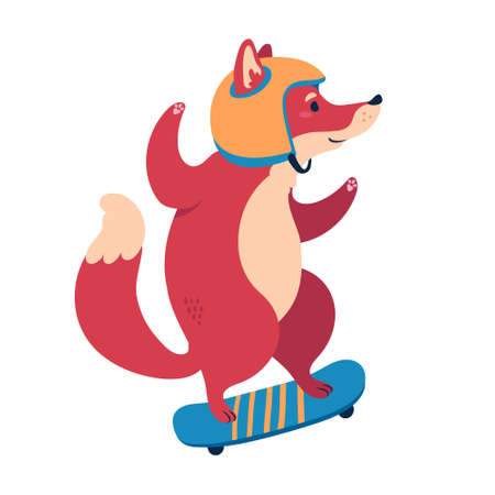 A cute cartoon fox wearing a helmet is riding a skateboard. Flat style illustration isolated on white background.のイラスト素材