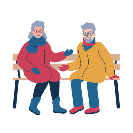 Two seniors in warm winter coats sitting on a bench and having a friendly conversation. Cosy outdoor winter scene. Flat style isolated vector illustration.のイラスト素材