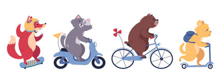 A set of cute cartoon animals riding different means of trasportations. Includes a fox on a skate, a cat on a motorbike, a bear on a bicycle, and a dog on a kick scooter. Flat style vector illustration.のイラスト素材