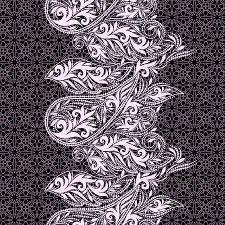 Seamless black and white lace pattern with paisley and flowers. Traditional ethnic ornament. Vector print. Use for wallpaper, pattern fills,textile design.のイラスト素材