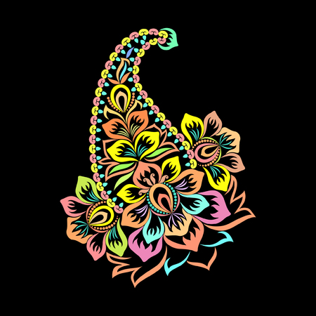 Paisley - colorful floral folk art pattern. Traditional ethnic ornament. Object isolated on black background. Vector print.のイラスト素材