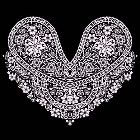 Neckline heart - ethnic design. Floral black and white lace pattern. Vector print with decorative elements for embroidery, for women's clothing.のイラスト素材