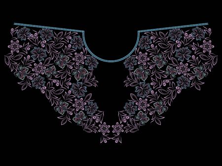 Neckline ethnic design, pink leaves and delicate butterflies.Symmetrical and harmonious pattern. Vector print with decorative elements for embroidery, for women's clothing.のイラスト素材