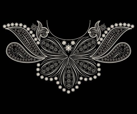 Neckline ethnic design. Ornamental black and white lace pattern. Vector print with beads and paisley for embroidery, for women's clothing.のイラスト素材