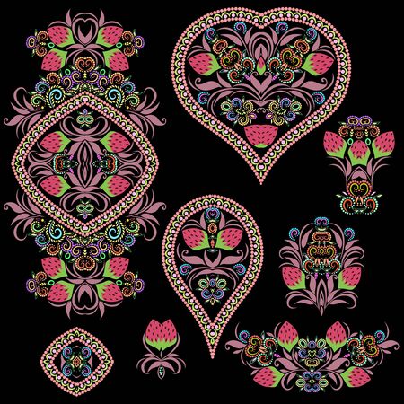 Bright bohemian ethnic cliche with berries and decorative elements. Vector set of various ornaments, deco template. Oriental trendy print for decoration, gift, design, for women's clothing.のイラスト素材