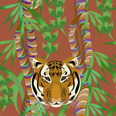 Seamless bright tropical pattern. Tiger in the jungle. Vector print for design.のイラスト素材