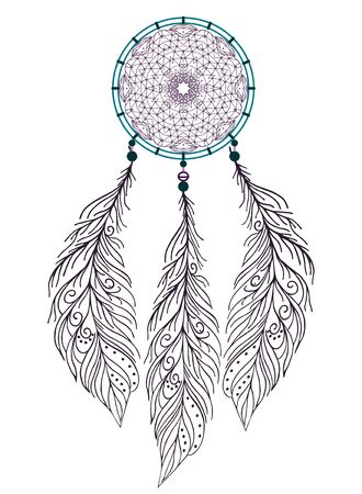 Dreamcatcher with feathers . Native American Indian talisman. Vector print isolated on white background. traditional art design.のイラスト素材