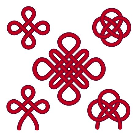 Chinese red knots - flower, pan chang, happy, double coin. Traditional asian auspicious symbols. Vector set of 5.のイラスト素材