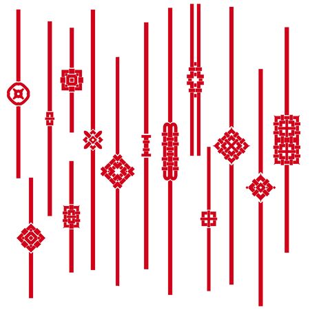 Red template symbols, braid and stripes in chinese style. Ethnic ornament and eastern elements. Trendy print for design. Vector set.のイラスト素材