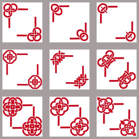 Red template corner in chinese style. Deco borders, oriental ornament. Vector set of 9.のイラスト素材