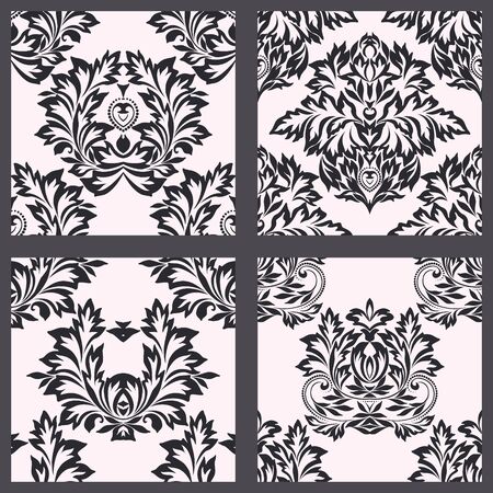 Seamless damask black and white pattern with leaves and flowers. Traditional ethnic ornament. Vector set of 4.のイラスト素材