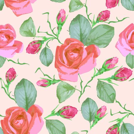 Seamless watercolor delicate floral pattern with roses. Beautiful wild rose flowers and buds. Vector print for fabric, decoration.のイラスト素材