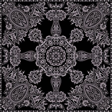Bandana paisley design - black and white ornament. Traditional ethnic geometric pattern. Vector print square.のイラスト素材