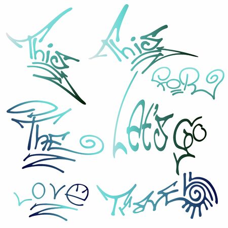 The set of different words- travel, love, forever, for, the, this, lets go. Hand drawn elements for typography, graphic design. Vector clipart.のイラスト素材