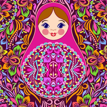 Seamless colorful pattern with nesting dolls. Traditional russian pattern - art symbol. Classical design and decorating, vector print.のイラスト素材