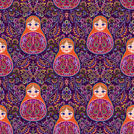 Seamless colorful pattern with nesting dolls. Traditional russian pattern - art symbol. Classical design and decorating, vector print.のイラスト素材