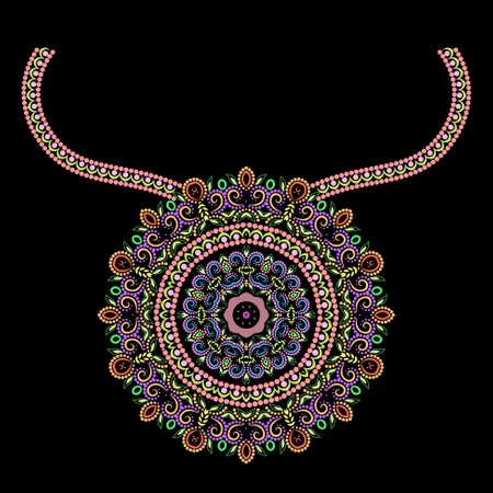 Neckline ethnic design. Floral colorful traditional pattern. Vector print with decorative elements and beads for embroidery, for women's clothing.のイラスト素材