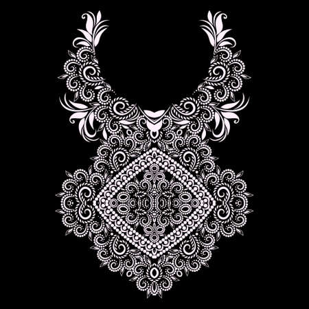 Neckline ethnic design. Ornamental black and white pendant. Vector print with decorative elements and beads for embroidery, for womens clothing.のイラスト素材