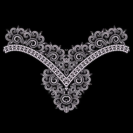 Neckline ethnic design. Geometric black and white lace pattern. Vector print with decorative elements for embroidery, for womens clothing.のイラスト素材