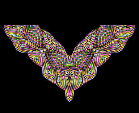 Neckline ethnic design, bohemian style. Geometric colorful traditional pattern. Vector print with paisley and beads for embroidery, for clothing.のイラスト素材