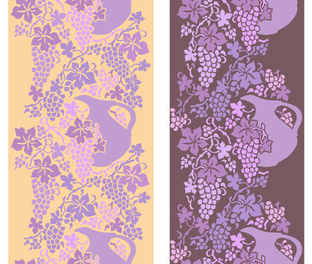 Vine border. Colorful vertical seamless pattern with pitchers and grapes . Vector set of 2. Use for embroidery, braid, tape, ribbon.のイラスト素材