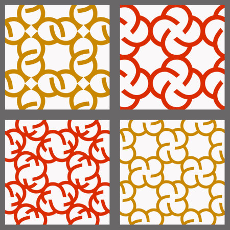 Seamless chinese geometric red and gold pattern with traditional symbols. Asian ethnic ornament. Vector set of 4. Use for wallpaper, pattern fills,textile design.のイラスト素材