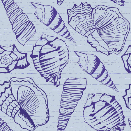 Seamless marine blue sea shell pattern. Vector clipart. Use for wallpaper, pattern fill textile design.のイラスト素材